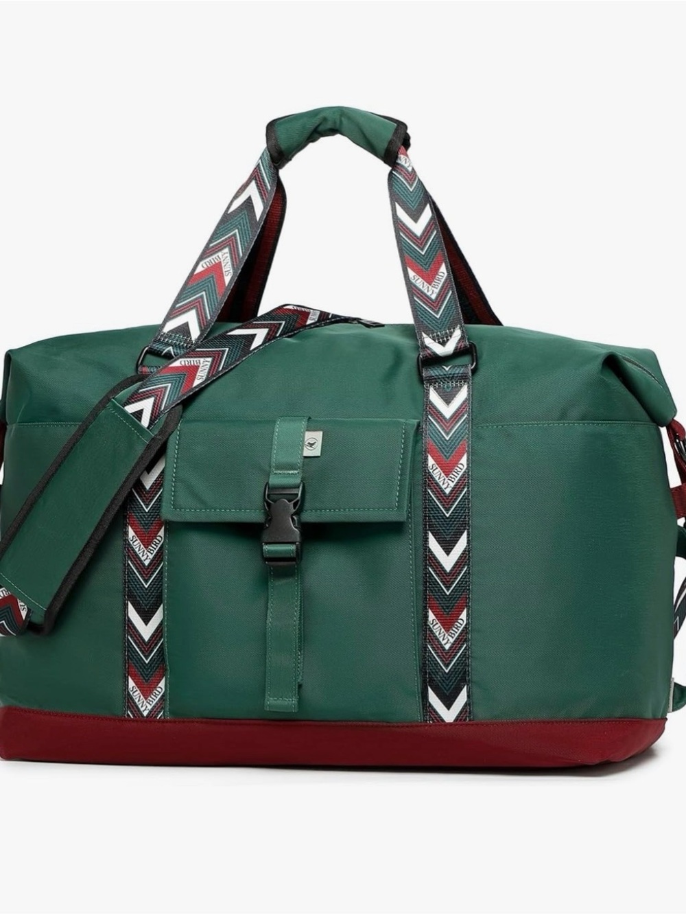 Green Travel Duffel Bag with Burgundy Base and Patterned Straps